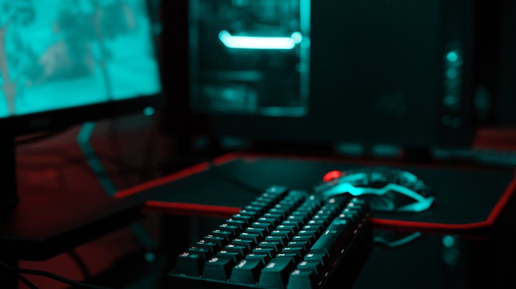 PC with rgb keyboard for gaming computer video games with neon colored background, dark room with game workplace without people