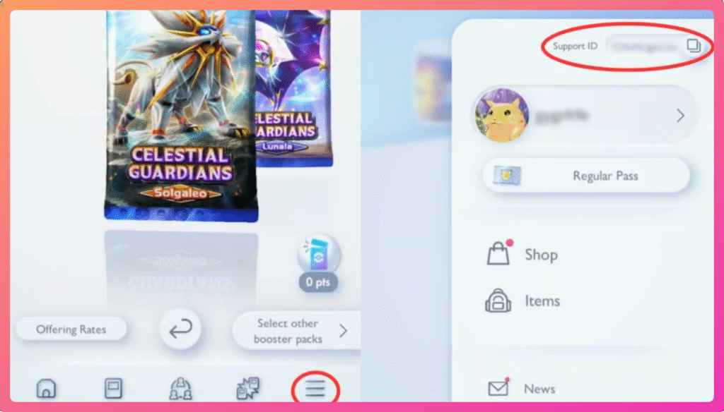Capture d'écran d'une interface de jeu montrant un pack 'Celestial Guardians' avec Solgaleo et un menu utilisateur à droite.