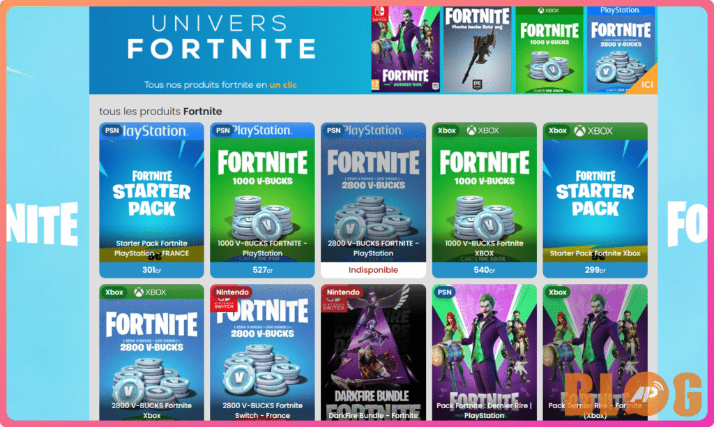 Page web affichant différents packs et cartes V-Bucks pour Fortnite sur PlayStation, Xbox et Nintendo Switch.