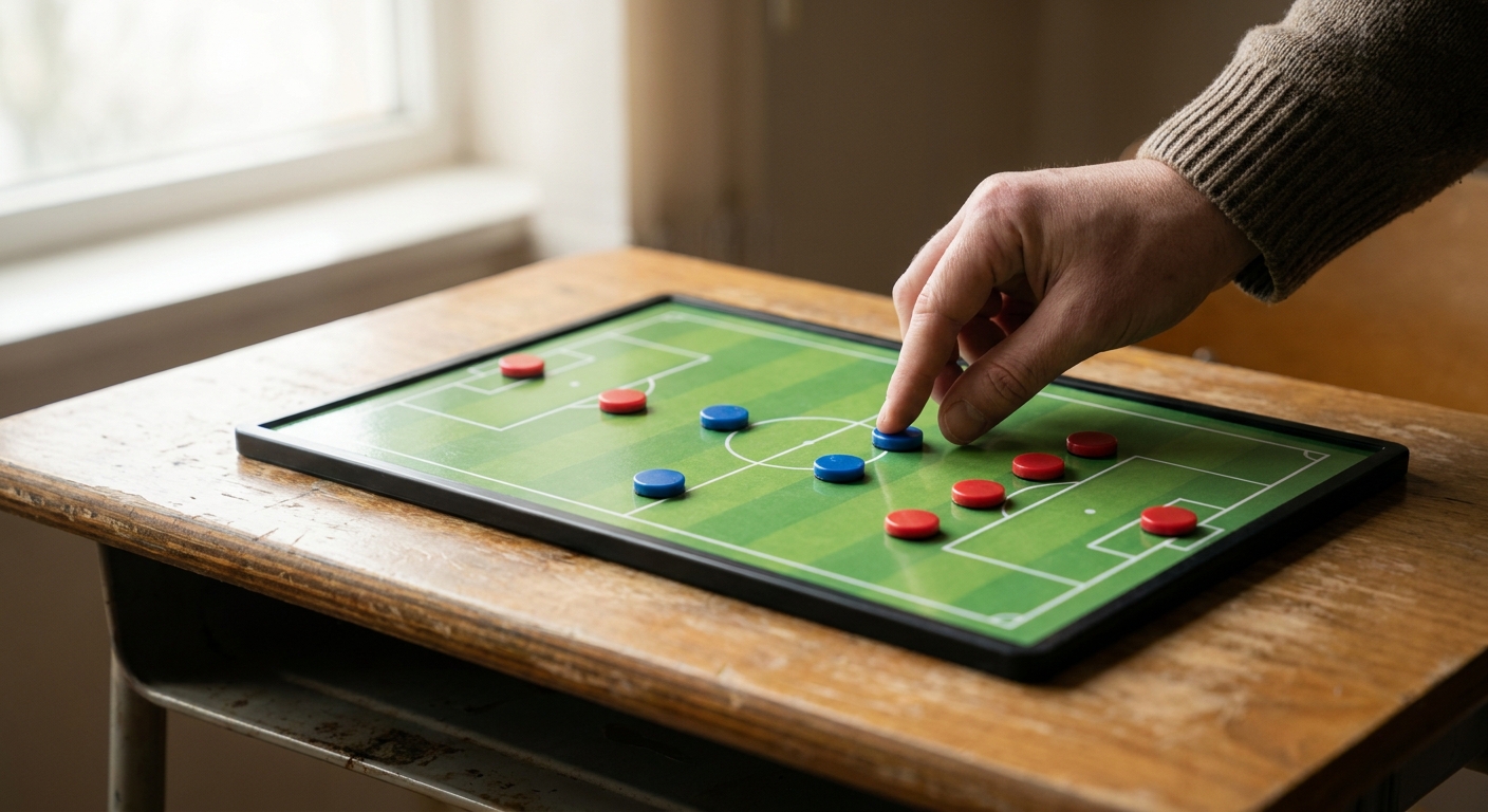 Main qui déplace un pion sur un tableau tactique magnétique, pions rouges et bleus sur un terrain vert