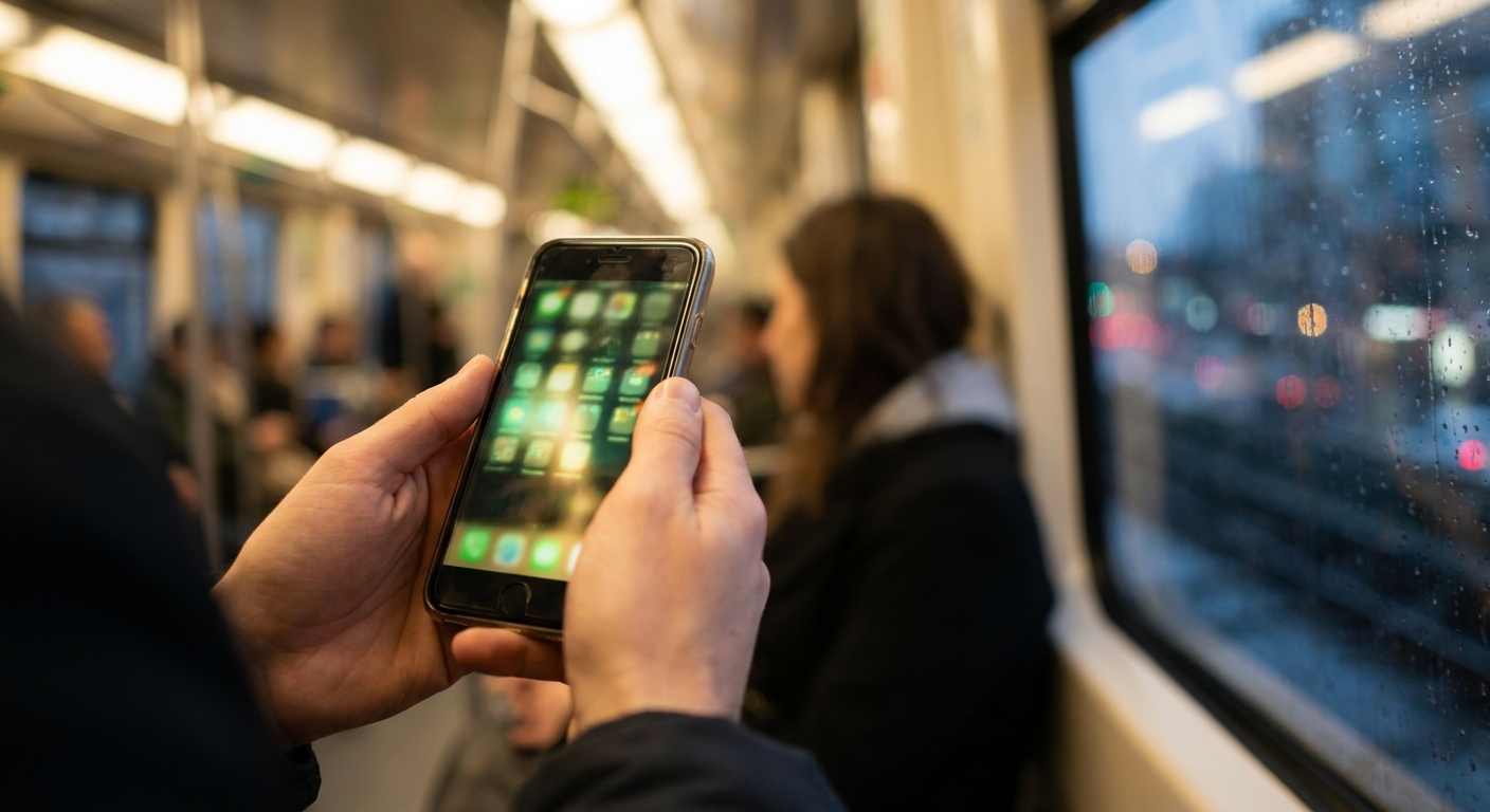 Mains tenant un smartphone dans un métro le soir, écran flou aux couleurs d'une application de jeu