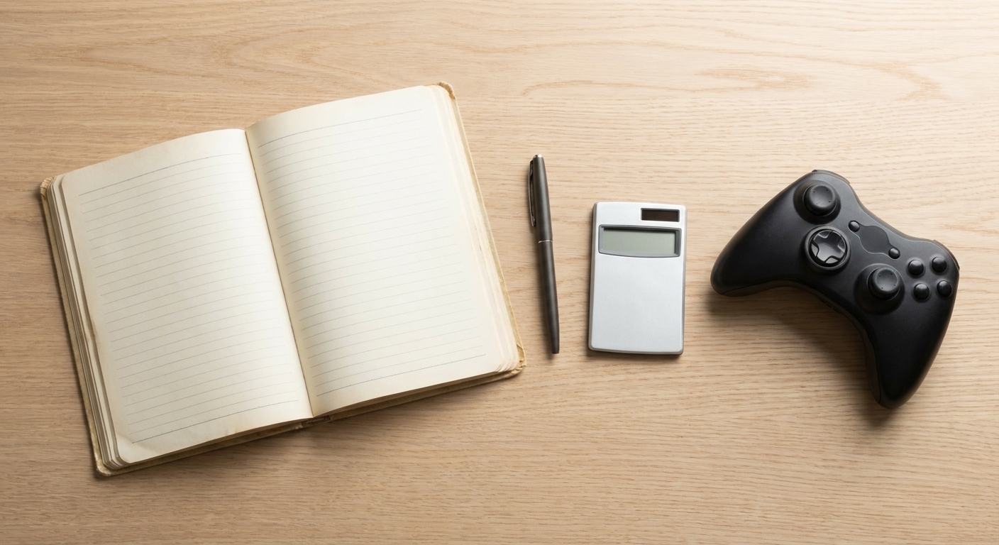 Carnet ouvert, stylo et calculatrice posés à côté d'une manette sur un bureau en chêne