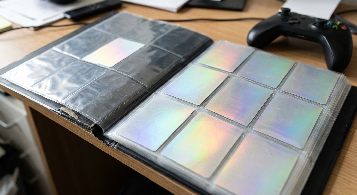 Classeur de cartes de collection vierges ouvert sur un bureau à côté d'une manette
