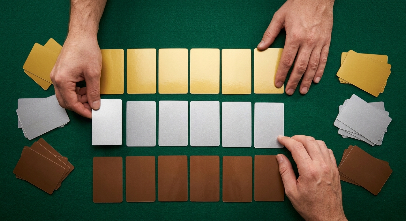 Mains triant des cartes vierges en trois rangées, or, argent et bronze, sur un tapis vert
