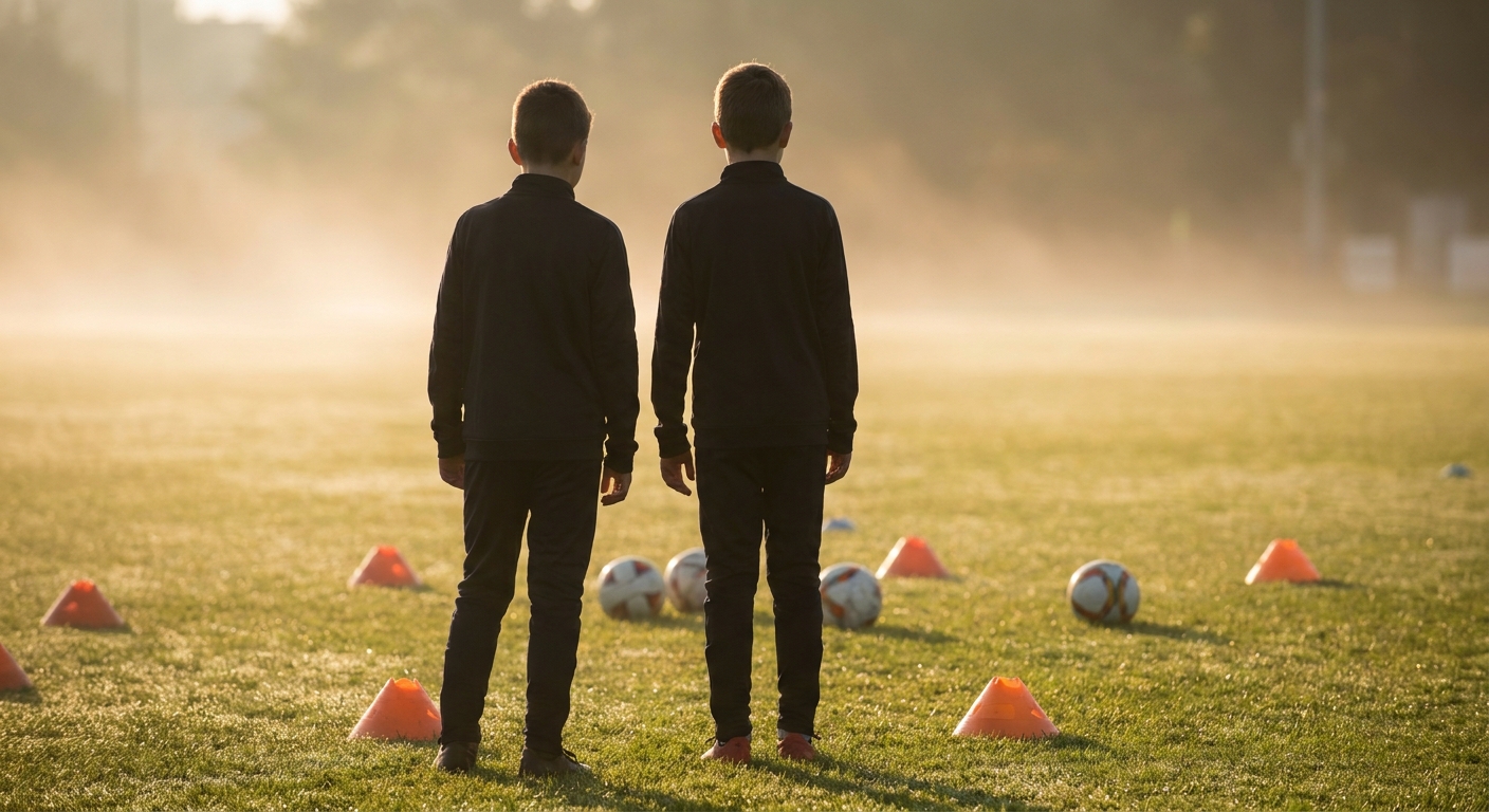 Deux jeunes joueurs vus de dos sur un terrain d'entraînement au lever du jour, entre les plots et les ballons