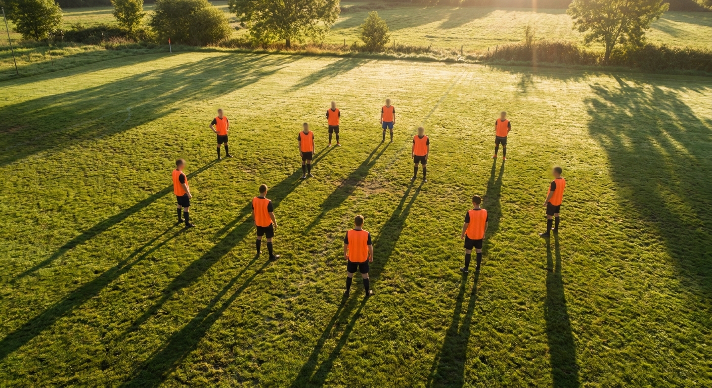 Vue aérienne d'un terrain amateur au coucher du soleil, onze joueurs en chasubles orange placés en formation