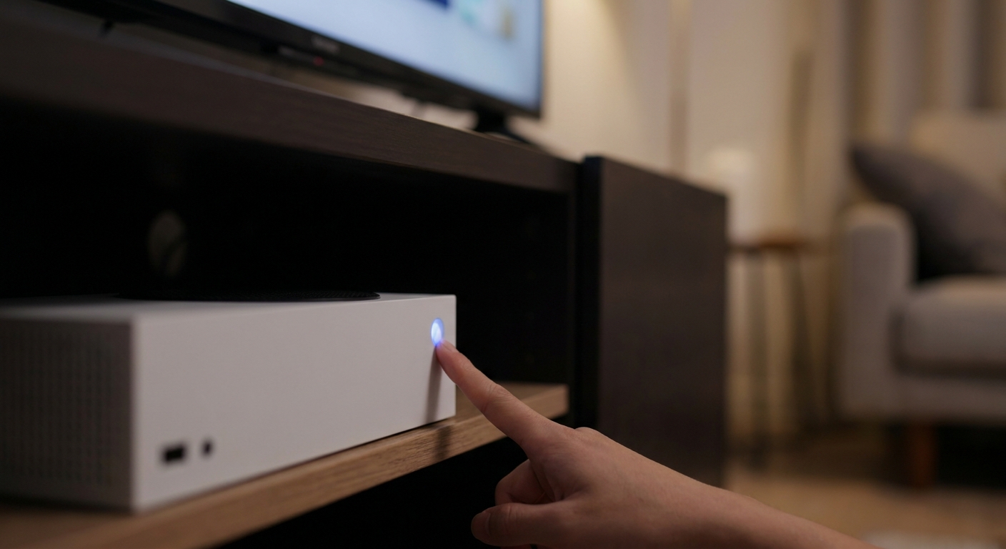 Doigt appuyant sur le bouton d'alimentation d'une console blanche sous un meuble télé