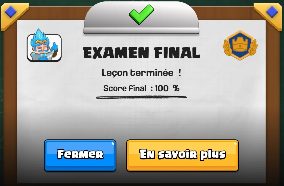 Examen final de la Salle de Clash réussi avec un score final de 100 %