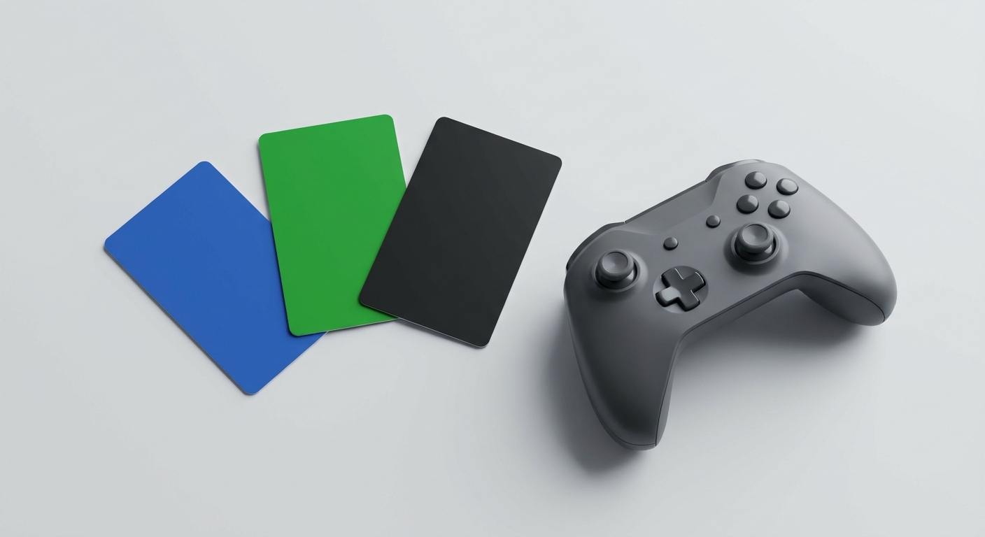 Cartes cadeaux prépayées génériques posées à côté d'une manette sur un bureau
