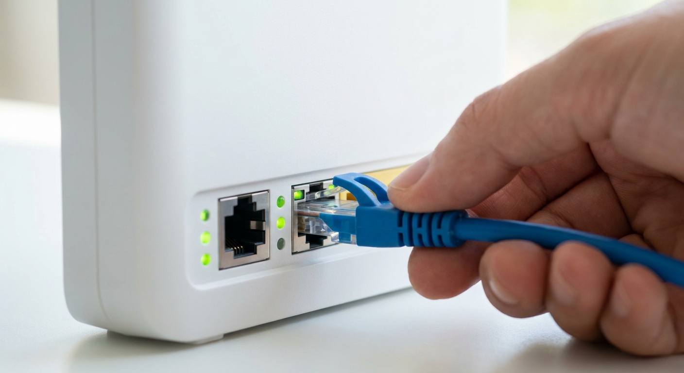 Main branchant un câble Ethernet bleu à l'arrière d'une box internet blanche