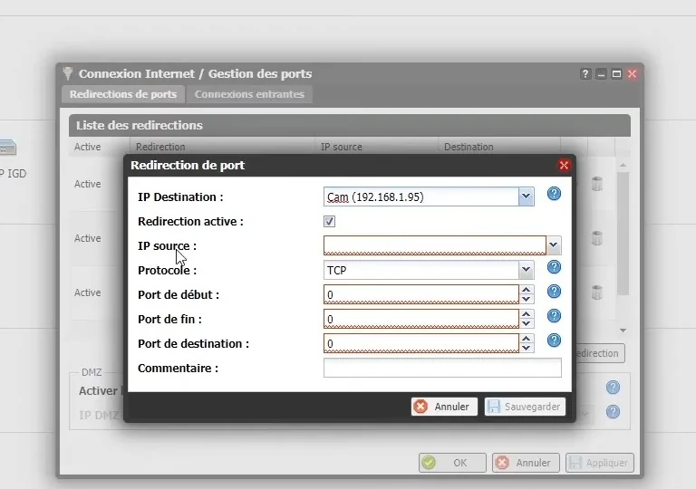 Fenêtre Freebox OS de redirection de port avec l'IP de destination, le protocole et les ports