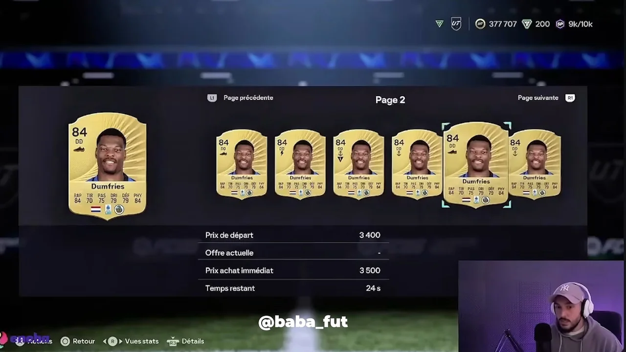 Liste de transferts de FC 27 montrant plusieurs cartes Dumfries 84 avec des styles de collectif différents, prix de départ et prix d'achat immédiat
