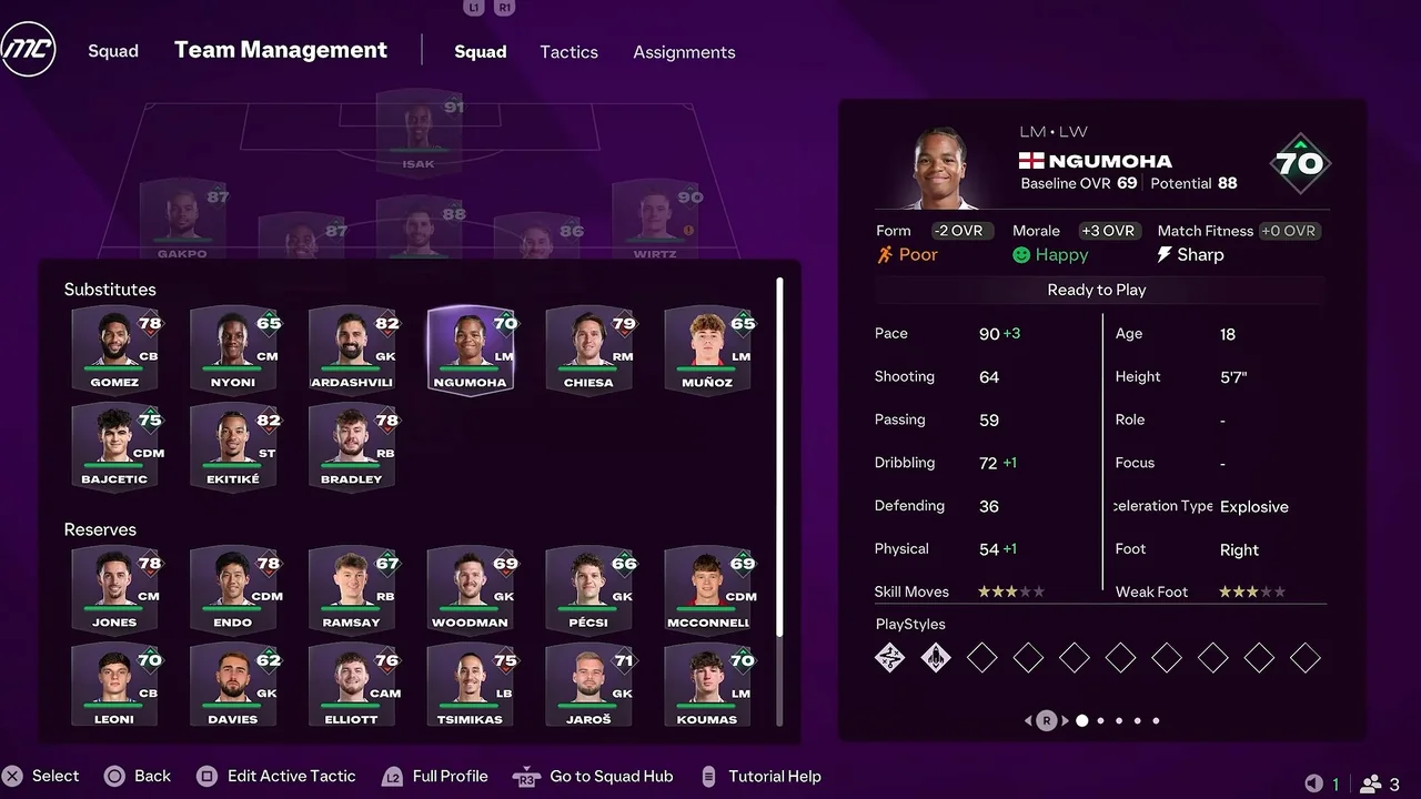 Écran de gestion d'effectif du mode carrière FC 27 avec le détail d'un jeune ailier : forme -2, moral +3, note dynamique 70 pour une note de base de 69