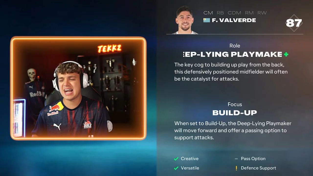 Fiche du rôle Meneur de jeu reculé, focus Construire, attribué à Valverde dans le 4-4-1-1 de Tekkz sur FC 27