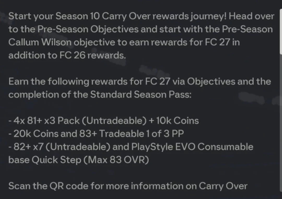 Message de FC 26 listant les récompenses de la Saison 10 à gagner pour FC 27