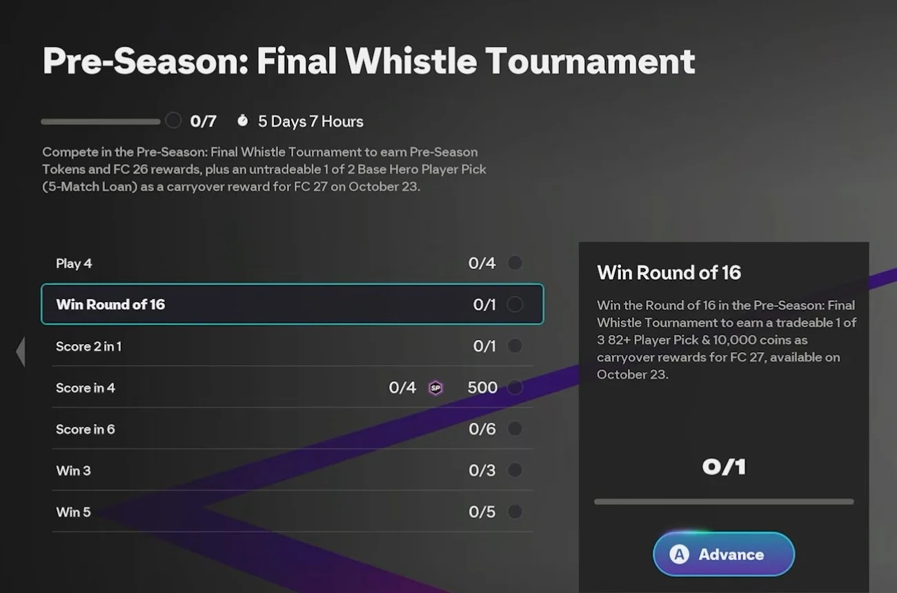Objectif du tournoi Coup de sifflet final dans FC 26, avec la récompense FC 27 de 10 000 crédits