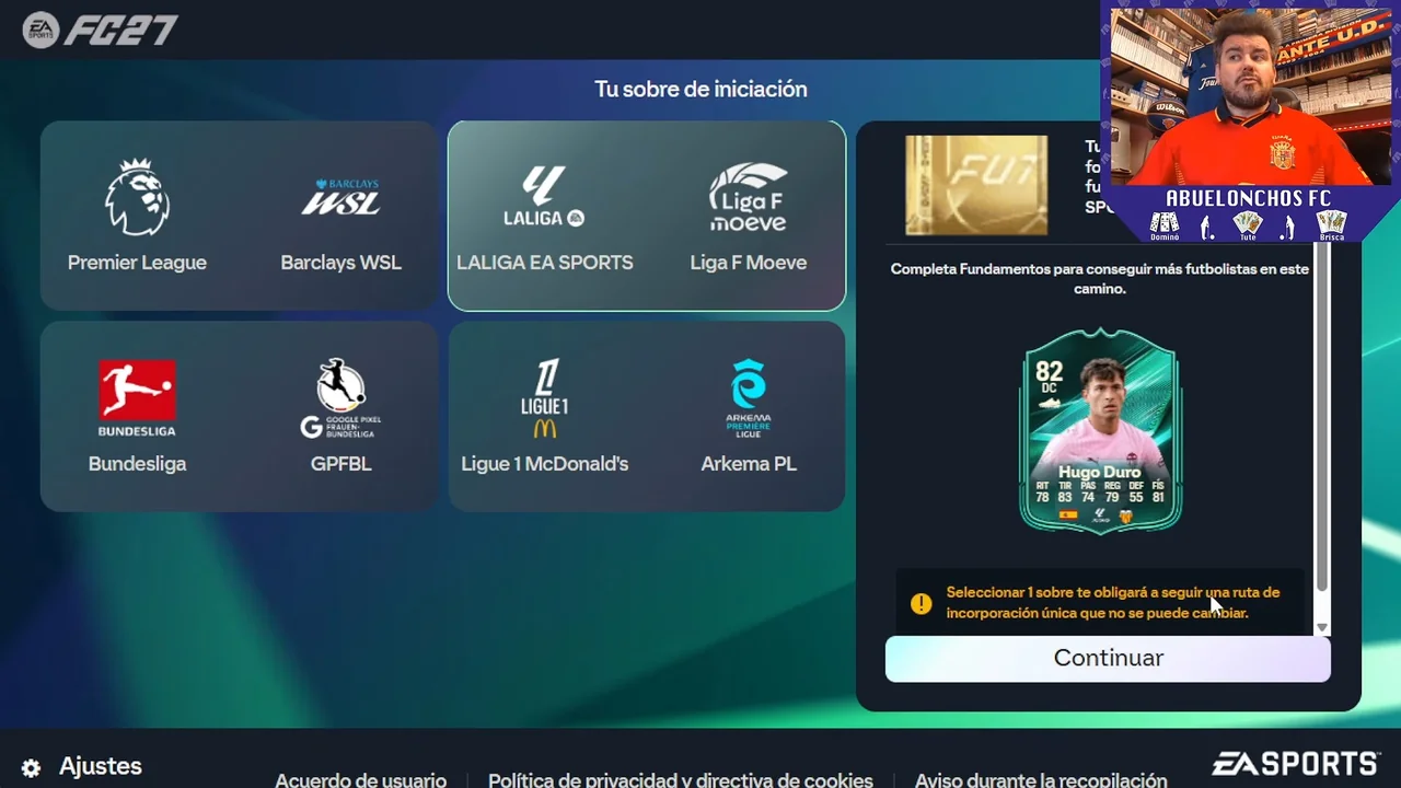 Écran de choix du pack de départ sur la Web App FC 27 avec l'avertissement sur le parcours d'objectifs