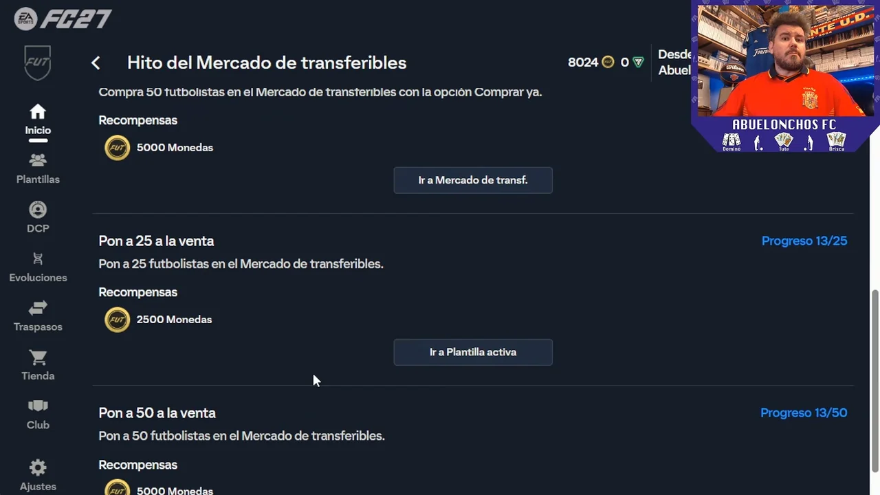 Menu des objectifs du marché des transferts sur la Web App FC 27, avec les paliers de mise en vente