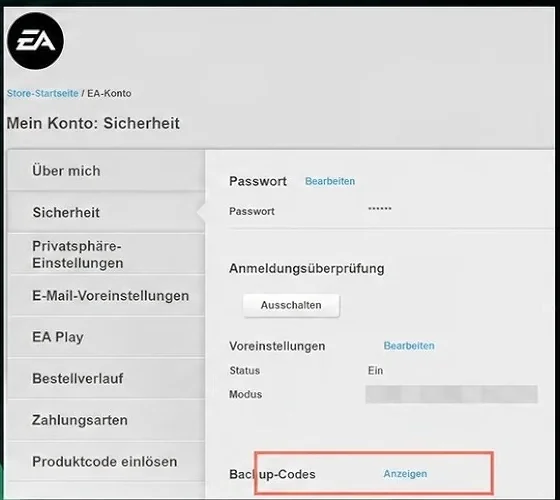 Onglet Sécurité du compte EA avec l'option d'affichage des codes de secours