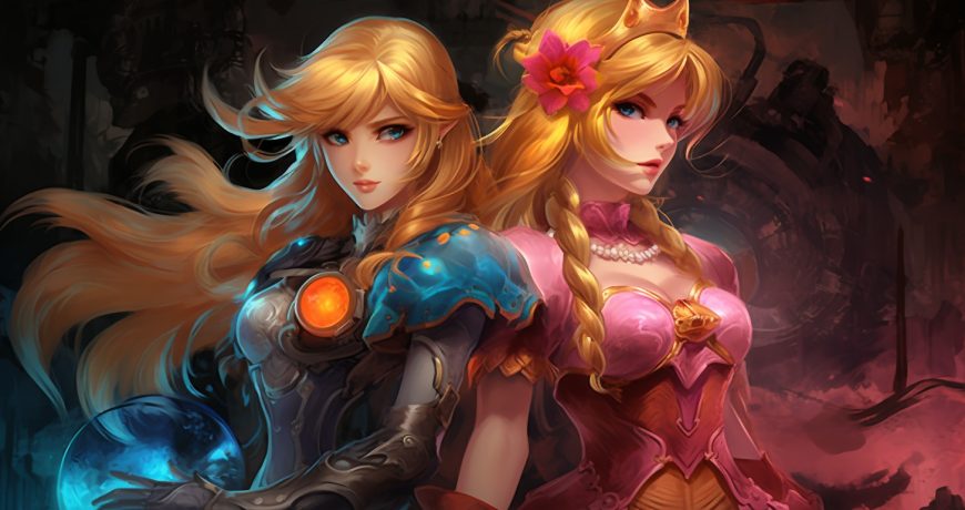 Une-illustation-de-princesse-Peach-de-lunivers-Super-Mario-Bros-se-tenant-a-cote-de-Samus-Aran-laventuriere-interstellaire-badass-dans-Metroid.-Les-deux-heroines-sont-cote-a-cote